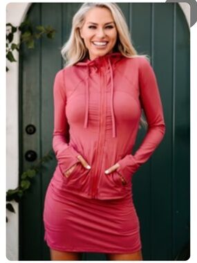 Rae Mode Zip Front Hooded Athletic Jacket & Skort Set (Coral Red)